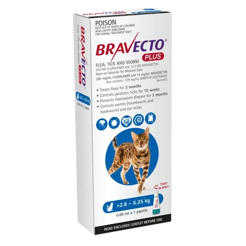 Bravecto PLUS Spot-on for Cats - Blue 2.8 - 6.25 kg Single Pk